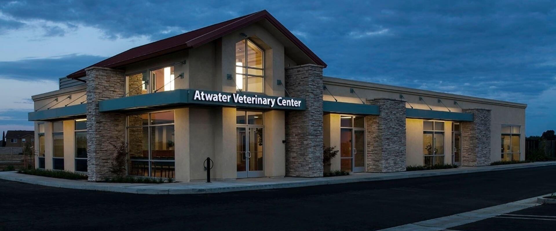 Atwater Veterinary Center building at night full