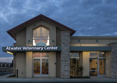 Veterinary clinic exterior at twilight