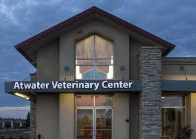 Veterinary clinic exterior; dusk lighting