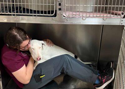 Woman hugs dog in kennel