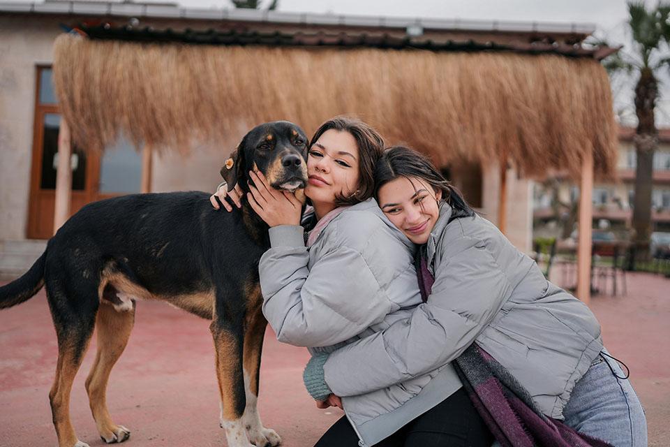 Women cuddle large, tan dog.