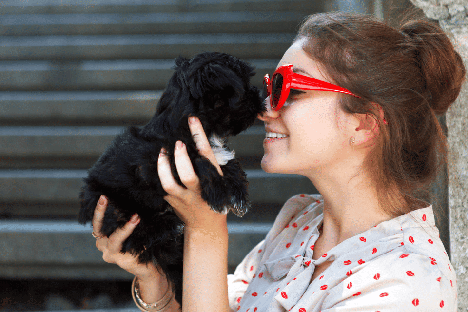 woman holding a small dog and giving it a kiss